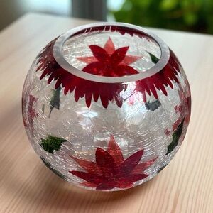 Crackle Glass Holiday Candle Holder Poinsettia and Holly Leaves 4.75" H